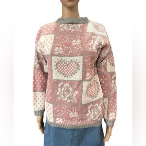 Vintage Adele Knit 80’s snow bunny pastel hearts and flowers knit sweater